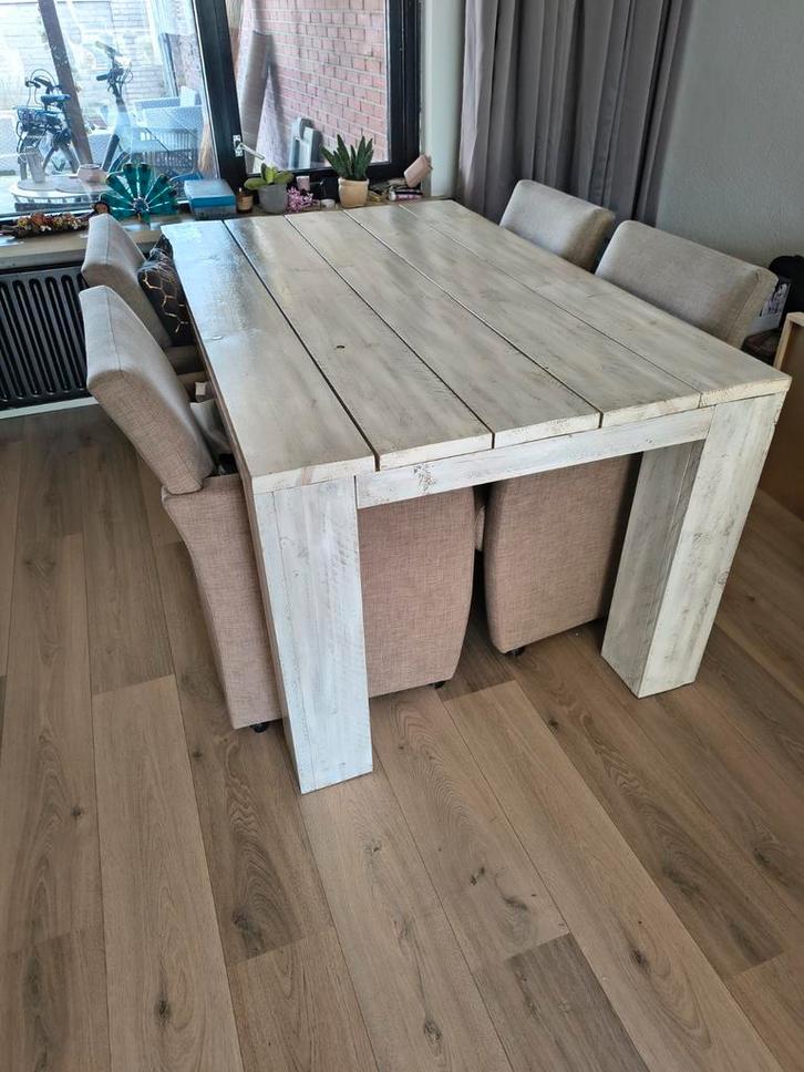 Eettafel en salontafel set - Whitewash, Huis en Inrichting, Tafels | Eettafels, Gebruikt, 50 tot 100 cm, 150 tot 200 cm, Vier personen