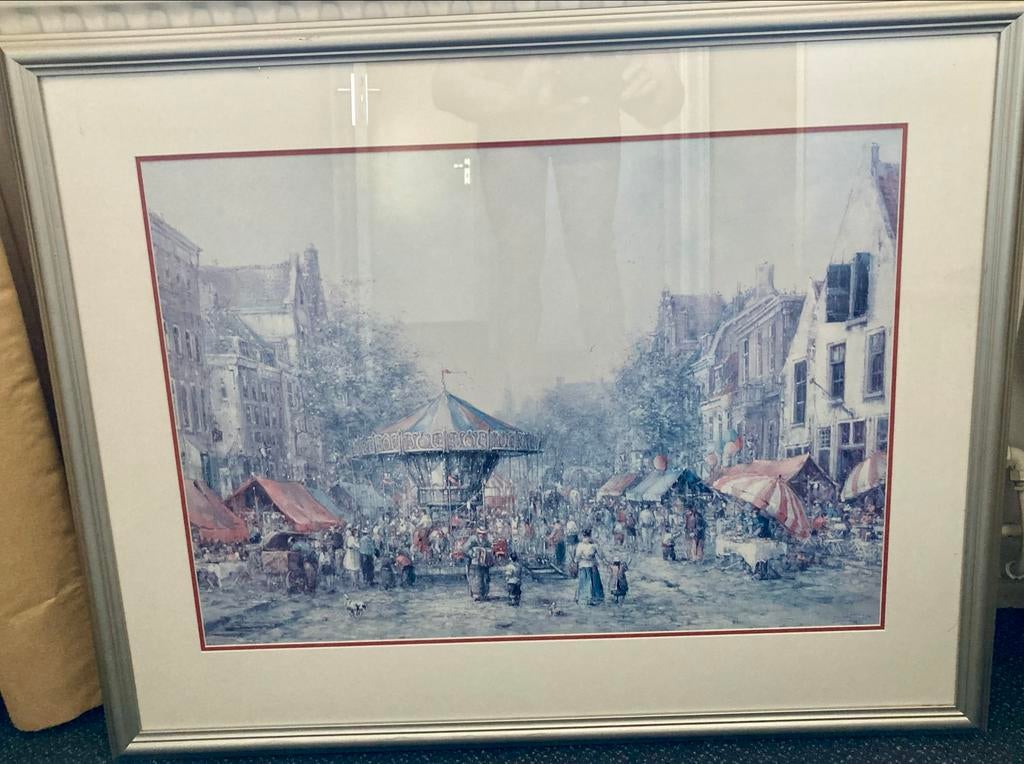 Ingelijste print van stadsgezicht met kermis, Ophalen