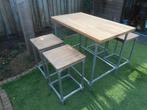 STEIGERBUIS BAR TAFEL MET4 KRUKKEN MET TEAK HOUTEN BLAD, Tuin en Terras, Ophalen, 4 zitplaatsen, Teakhout, Zo goed als nieuw