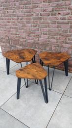 Industriële Bijzettafel Sidetable set van 3 Zwart / Hout, Ophalen of Verzenden, Nieuw, Hout