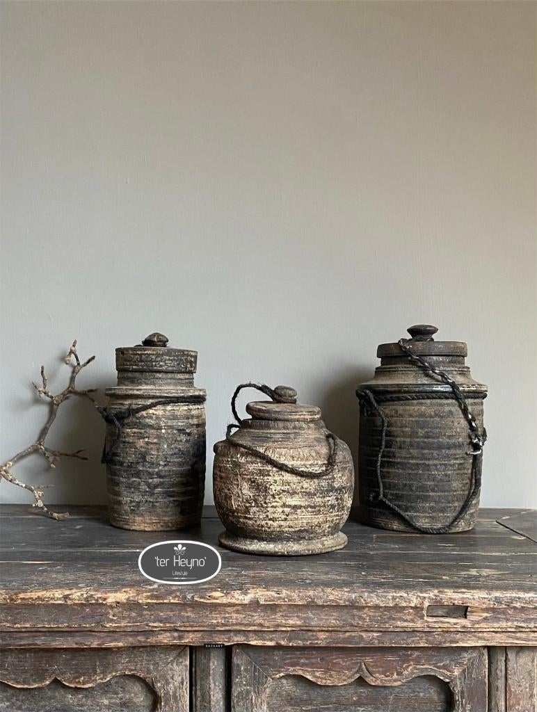 Oude houten kruik pot met deksel hout stoer sober landelijk, Verzenden, Nieuw