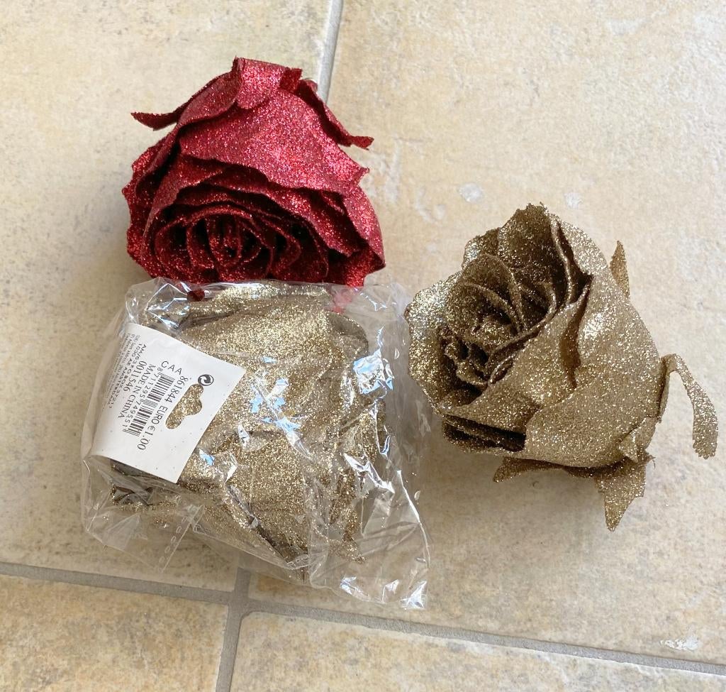 Kerst glitterroos op clip, Kerstdecoratie, Kerstballen, ster, Ophalen of Verzenden, Zo goed als nieuw