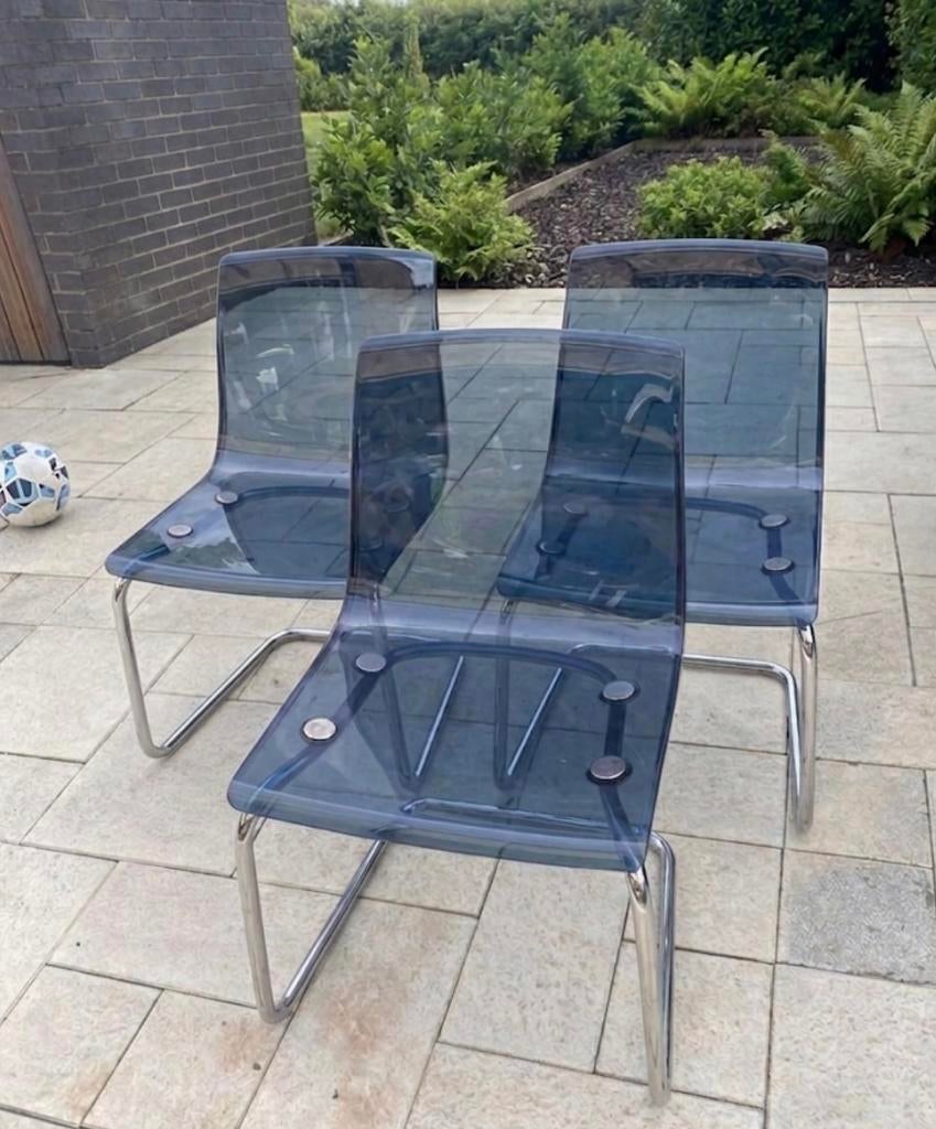 3 Ikea Tobias design slede stoelen transparant blauw chroom, Ophalen, Modern design, Drie, Blauw