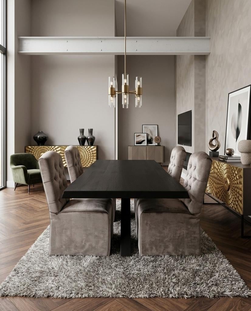 Eettafel boomstam zwart met spinpoot metaal. Ca. 200cm x 100, Huis en Inrichting, Ophalen, 50 tot 100 cm, Nvt, Eikenhout