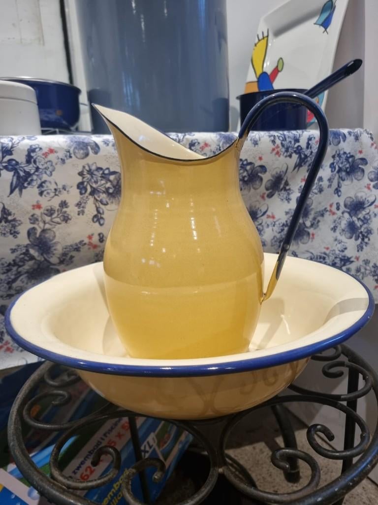 Emaille kan met schaal | vintage set | landelijke stijl, Ophalen of Verzenden