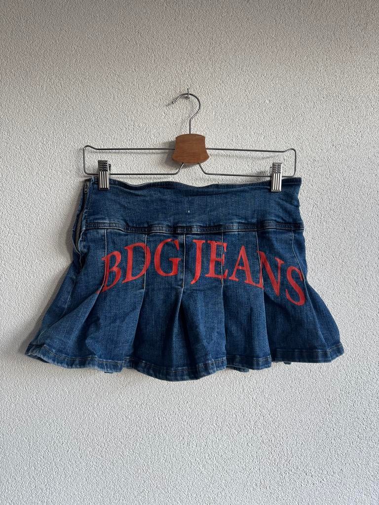 Urban Outfitters denim geplooide mini rok met logo print, Maat 38/40 (M), Urban Outfitters, Blauw, Urban Outfitters