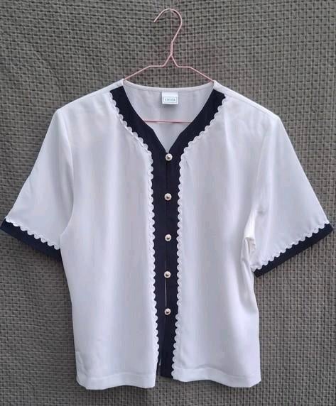 Vintage blouse, maat 42/XL - wit & marineblauw - 90's, Kleding | Dames, Wit, Maat 42/44 (L), Ophalen of Verzenden, Vintage