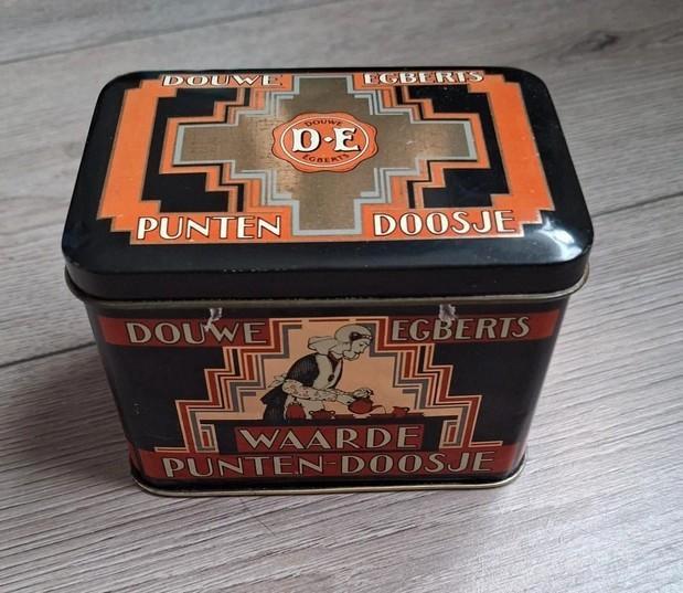Douwe Egberts blik punten doosje D.E., Verzamelen, Blikken, Gebruikt, Koffie, Douwe Egberts, Ophalen of Verzenden