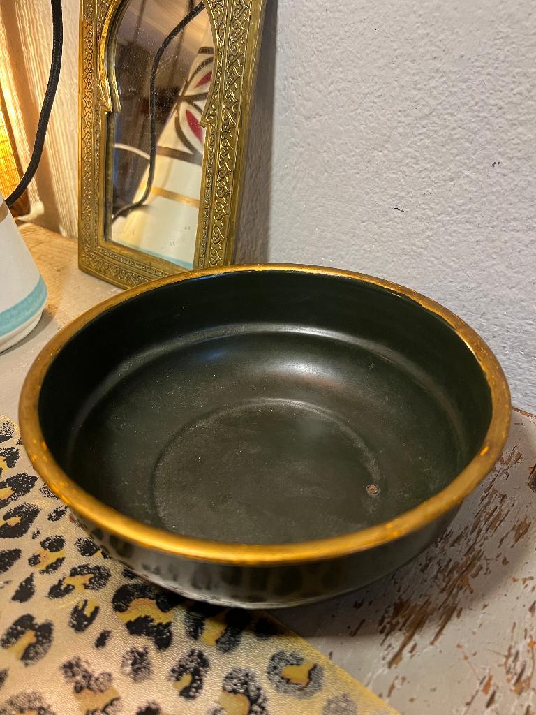 Vintage groene antieke emaille kom schaal bakje gouden rand, Antiek en Kunst, Ophalen of Verzenden