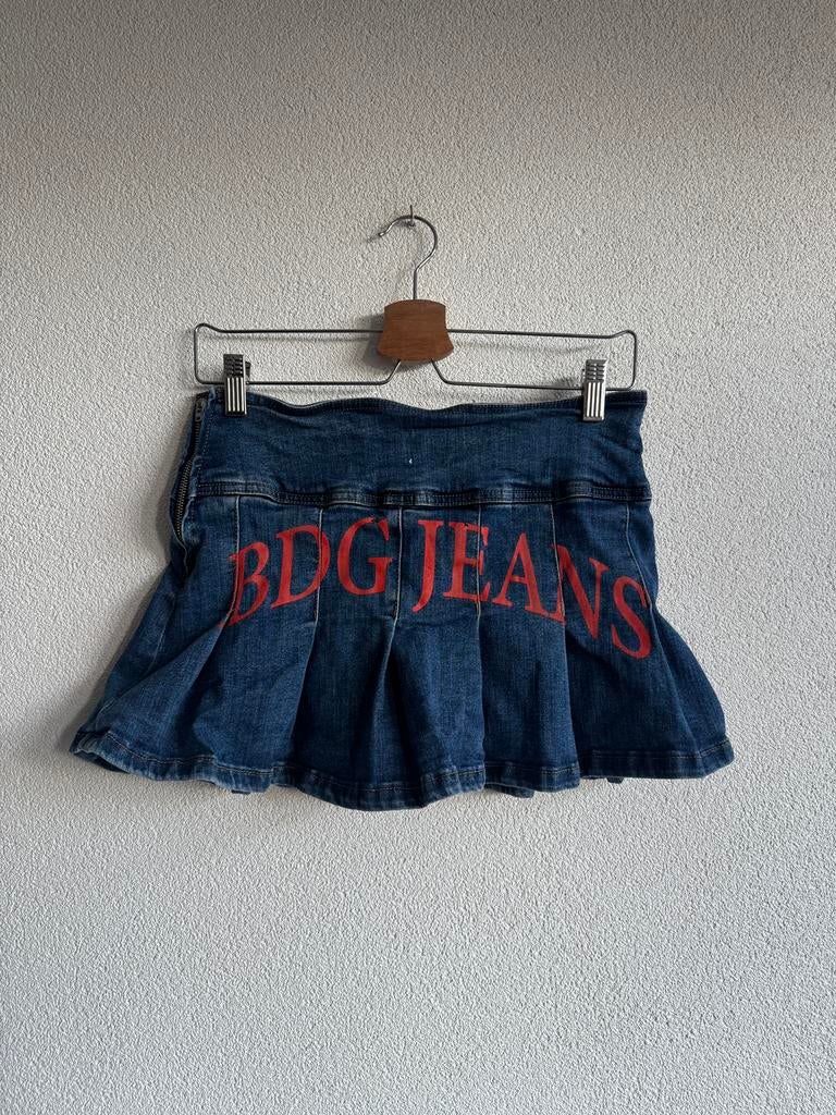 Urban Outfitters denim geplooide mini rok met logo print, Maat 38/40 (M), Urban Outfitters, Blauw, Urban Outfitters