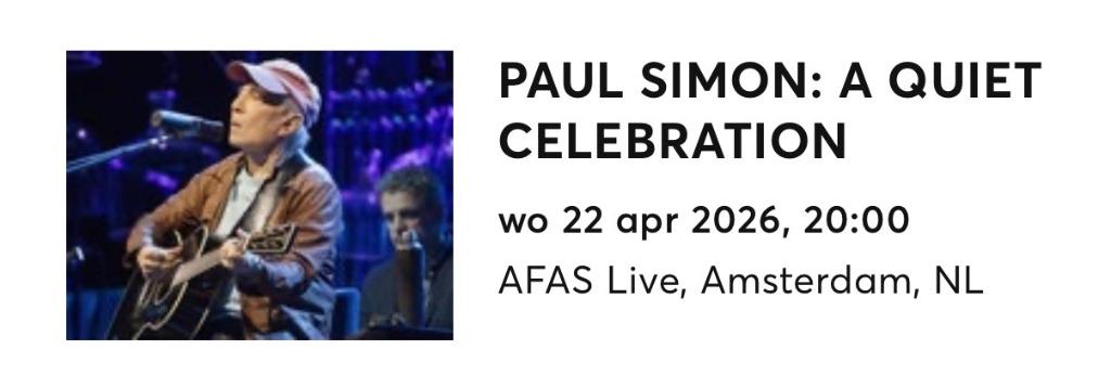 Concert Paul Simon 3 tickets wo 22/4 voor totaal €420, Drie personen of meer, April