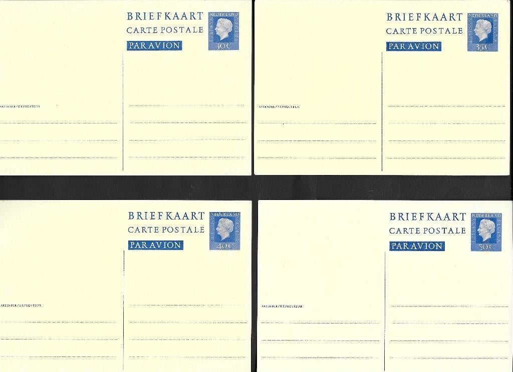 Setje 4 briefkaarten PAR AVION, 30-35-40-50 cent. Lees Info., Postzegels en Munten, Brieven en Enveloppen | Nederland, Ophalen of Verzenden