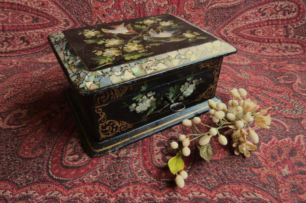 Antiek zwart gelakt houten sieraden kistje  c.1860, Ophalen of Verzenden