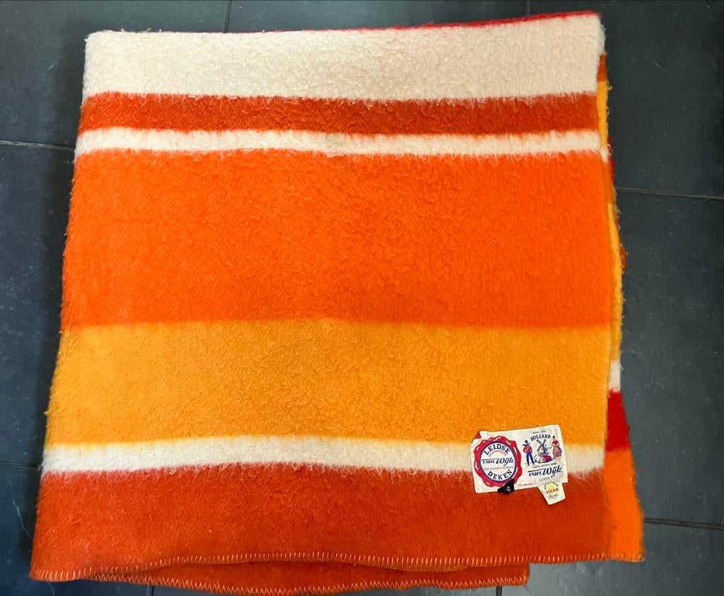 Van Dijk Leiden retro wollen deken - Oranje/Geel/Wit gestree, Gebruikt, Overige maten, Oranje, Ophalen of Verzenden
