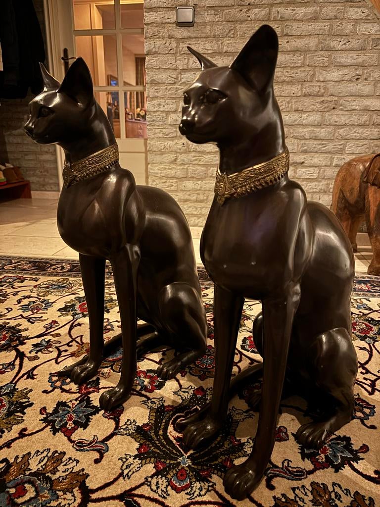 Uniek: 2 bronzen Egyptische katten, A. Tiot, 62c, Antiek en Kunst, Gemerkt, Beeld, Bruin, Europa