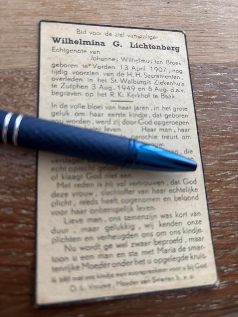 Lichtenberg Wilhelmina Vorden 1949 Zutphen Baak x ten Broek, Ophalen of Verzenden, Bidprentje