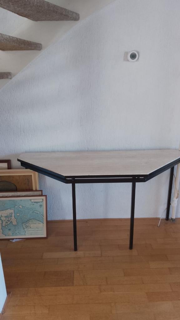 Travertin en ijzeren haltafel., Ophalen, 25 tot 50 cm, Rond, 50 tot 100 cm