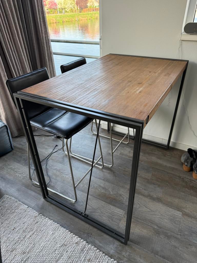 Industriële Bartafel met Houten Blad en Metalen Frame, Ophalen, Gebruikt, 100 tot 150 cm, 50 tot 100 cm