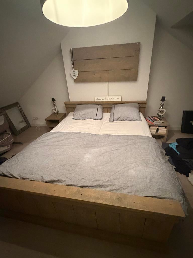 Steigerhouten 2-persoonsbed met nachtkastjes, Ophalen, Gebruikt, Bruin, Steigerhout