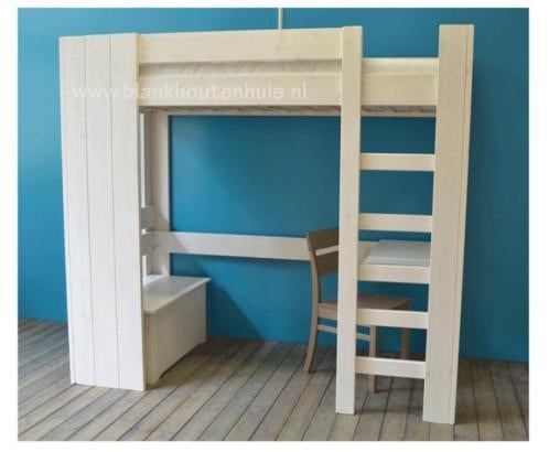 Massief houten hoogslaper met buro en bankje, Ophalen of Verzenden, Nieuw, 180 cm of meer, 85 tot 100 cm