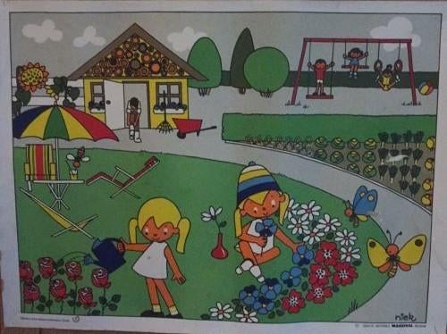 Vintage dijkstra educatieve schoolposter ‘ in de tuin’, Vintage, Papier/karton, Ophalen of Verzenden, Zo goed als nieuw