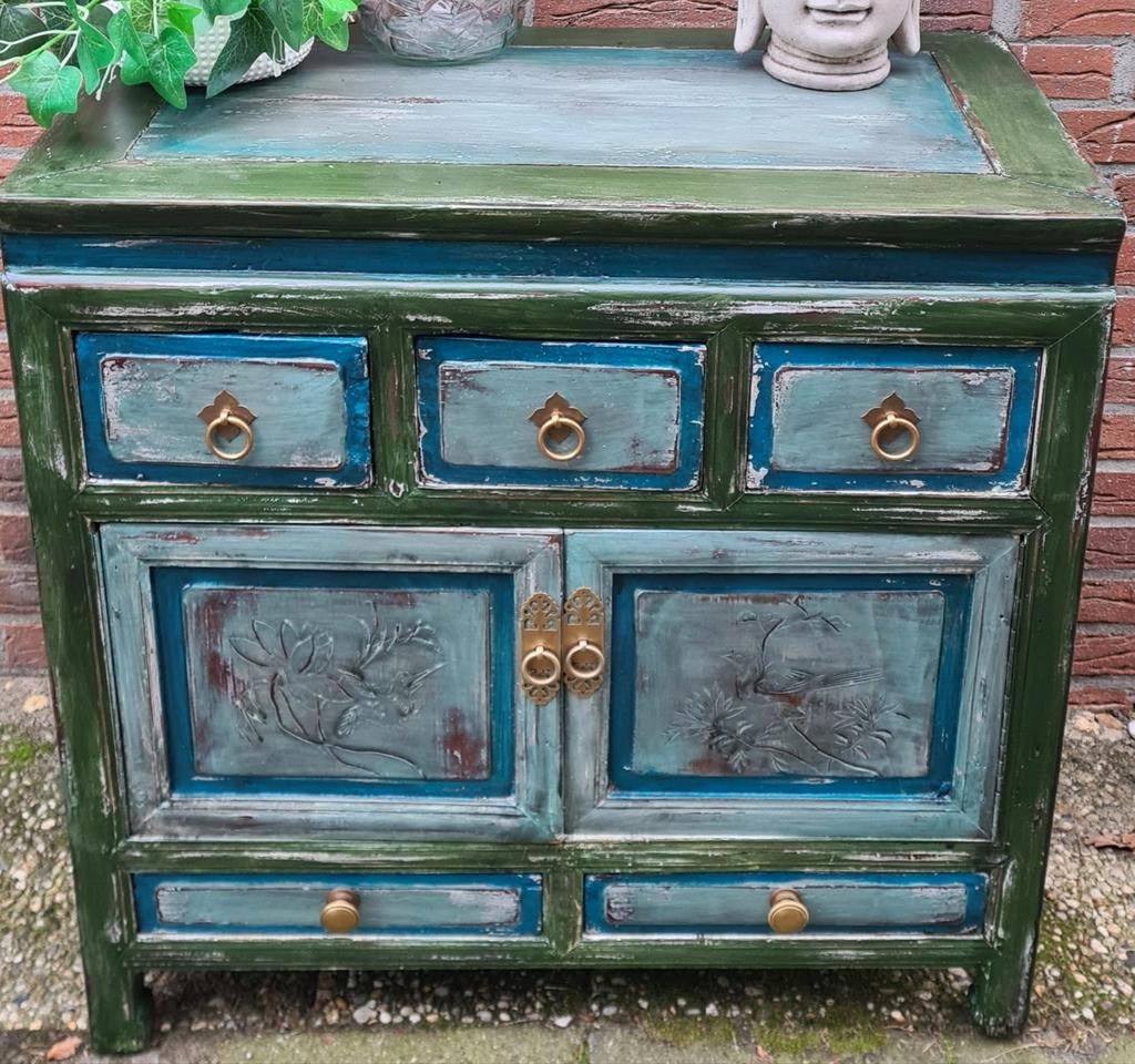Chinees kastje chinese kast restyle blauw groen, Ophalen, 50 tot 100 cm, Zo goed als nieuw, 25 tot 50 cm