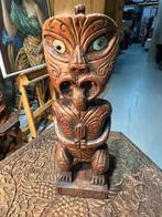 Uniek Houten Maori Tiki Beeld met Parelmoer Inleg, Antiek en Kunst, Verzenden