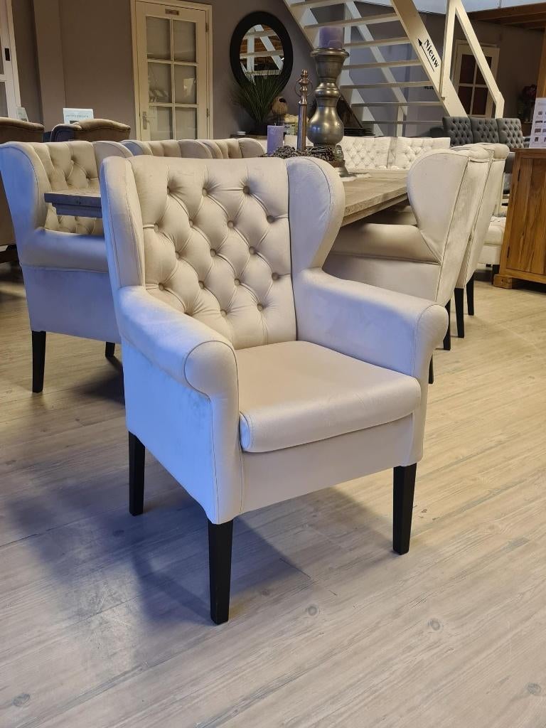 *VOORRAAD* 6 Landelijke Eetkamerstoelen Roman Velvet Beige 7, Overige kleuren, Ophalen of Verzenden, Stof, Vijf, Zes of meer stoelen