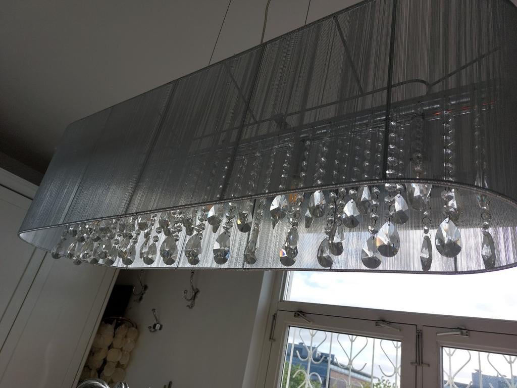 Moderne hanglamp met kristallen, 50 tot 75 cm, Ophalen of Verzenden, Zo goed als nieuw, Glas