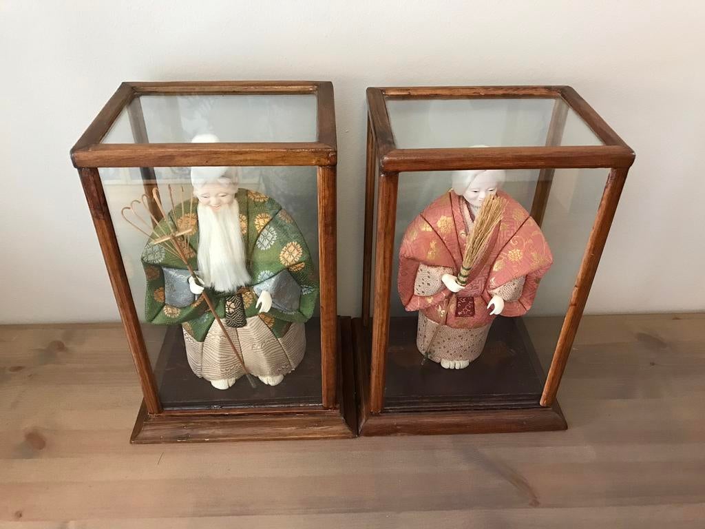 Japanse Takasago poppen in vitrine kastjes Japans, Ophalen of Verzenden