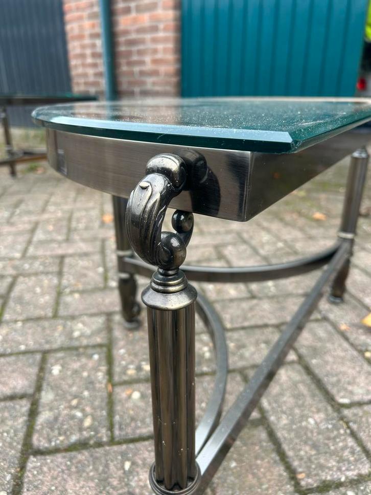 Glazen Tafelset met Messing Frame - 1 Groot, 2 Klein, Huis en Inrichting, Tafels | Bijzettafels, Zo goed als nieuw, Overige vormen