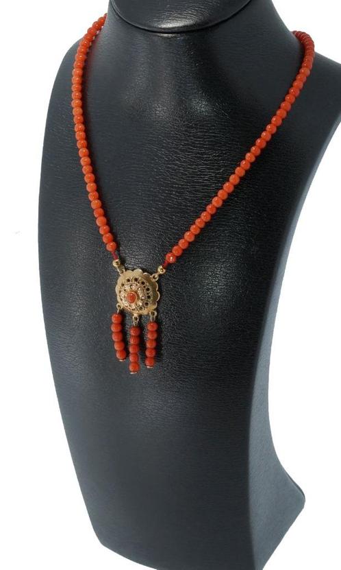 Bloedkoraal ketting antiek 14k gouden hanger slot pampel, Sieraden, Tassen en Uiterlijk, Antieke sieraden, Ketting, Goud, Met edelsteen