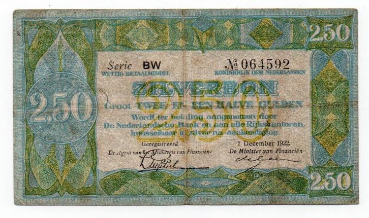 2½ gulden 1922 - 011, Postzegels en Munten, Bankbiljetten | Nederland, Los biljet, 2½ gulden, Verzenden