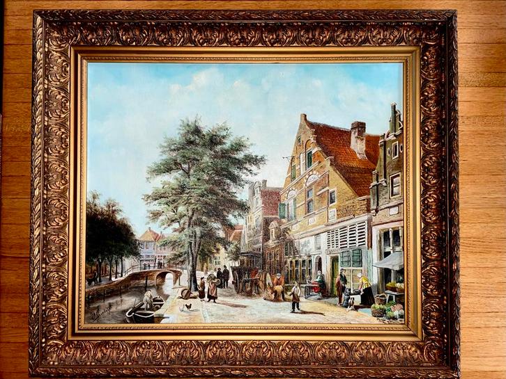 Schilderij - Stadsgezicht Enkhuizen (naar Cornelis Springer), Antiek en Kunst, Kunst | Schilderijen | Klassiek, Ophalen of Verzenden