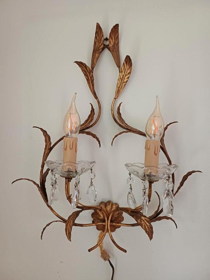 Franse Brocante Wandlamp set metaal glas luster luchter, Antiek en Kunst, Curiosa en Brocante, Ophalen of Verzenden