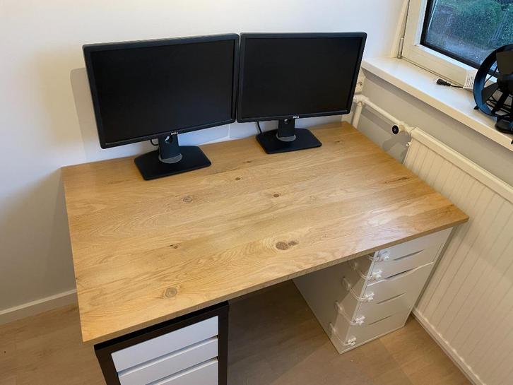 Massief eiken bureaublad 128 x 76 cm, Huis en Inrichting, Bureaus, Gebruikt, Bureau, Ophalen