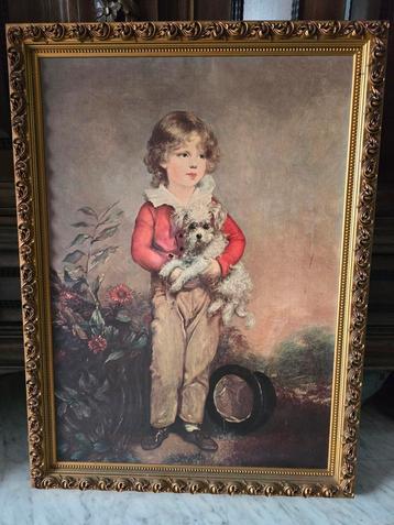 Een schilderij met een elegante jongen en hond  beschikbaar voor biedingen