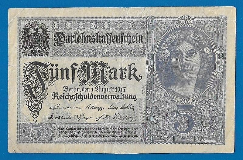 Duitsland biljet 5 Mark Darlehnskassenschein - 1917, Postzegels en Munten, Bankbiljetten | Europa | Niet-Eurobiljetten, Verzenden