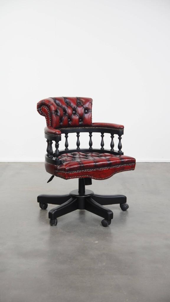 Luxe klassieke rundleren en houten chesterfield bureaustoel, Huis en Inrichting, Bureaustoelen, Gebruikt, Bureaustoel, Rood, Ophalen