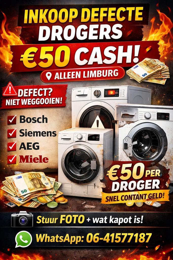 INKOOP DEFECTE DROGERS – €50 CASH!, Witgoed en Apparatuur, Wasdrogers, Niet werkend, Condens, Voorlader, 6 tot 8 kg, Minder dan 85 cm
