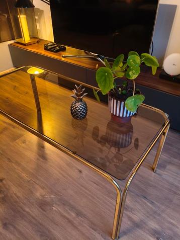 Vintage salontafel rookglas, messing Hollywood Regency stijl beschikbaar voor biedingen