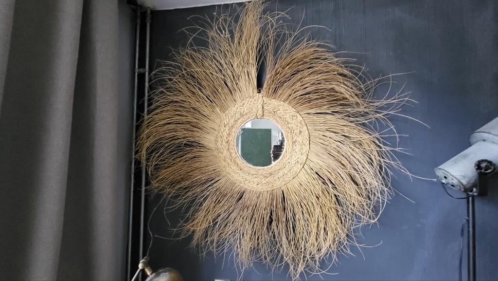 Gave rieten spiegel, Huis en Inrichting, Woonaccessoires | Spiegels, Zo goed als nieuw, Minder dan 100 cm, Rond, Ophalen