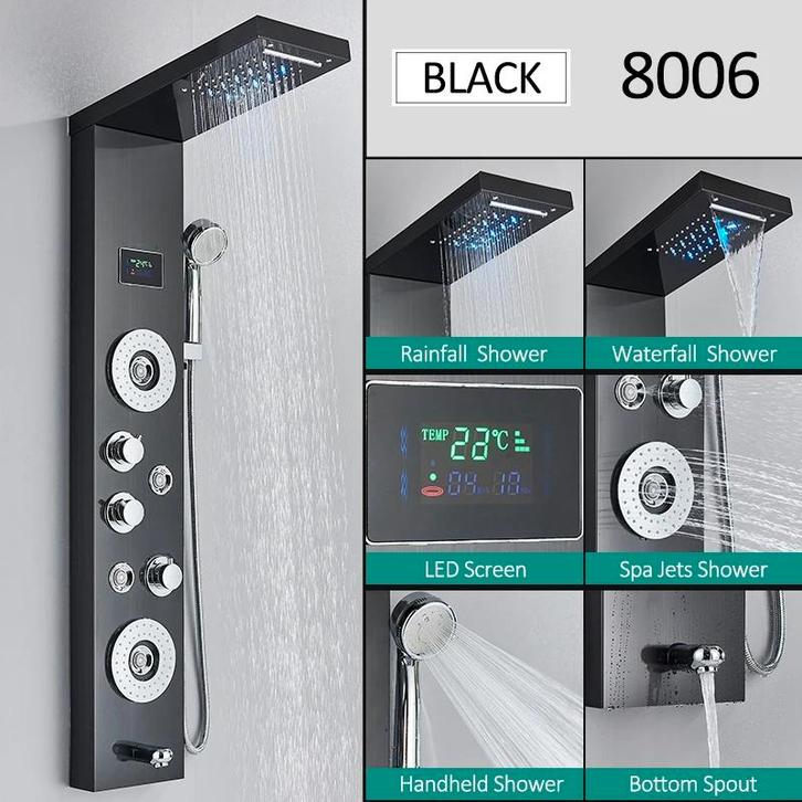 Design Douchepaneel Zwart –LED Display –Spa Jets & Waterval, Huis en Inrichting, Badkamer | Badkamermeubels, Nieuw, Overige typen