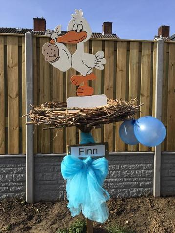 Geboortebord houten ooievaarsbord op nest jongen huren huur beschikbaar voor biedingen
