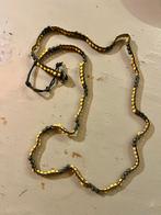 Vintage retro glaskralen leren veter ketting boho hippie, Overige materialen, Verstelbaar, Bruin, Ophalen of Verzenden