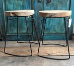 Kruk teak hout metalen poten 30x42cm set van 2 stuks, Verzenden, Nieuw, Hout