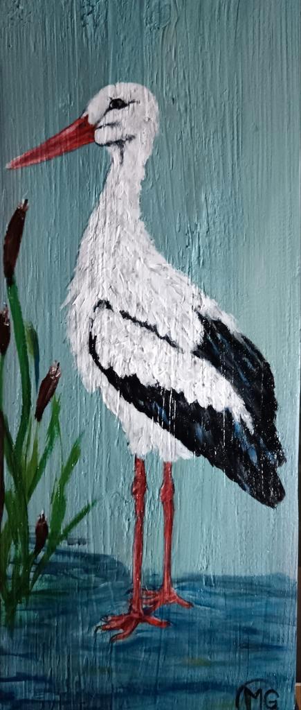 Ooievaar geschilderd op hout, Antiek en Kunst, Kunst | Schilderijen | Modern, Ophalen