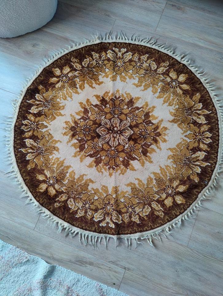 Vintage Rond Tapijt - Bruin/Beige, Huis en Inrichting, Stoffering | Tapijten en Kleden, Gebruikt, 50 tot 100 cm, 50 tot 100 cm