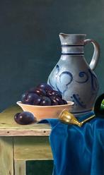 Stilleven boeken fles wijnglas en kan op paneel Jan Heyink., Antiek en Kunst, Kunst | Schilderijen | Klassiek, Ophalen