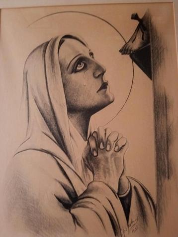 Een tekening van Maria naar een bidprentje beschikbaar voor biedingen